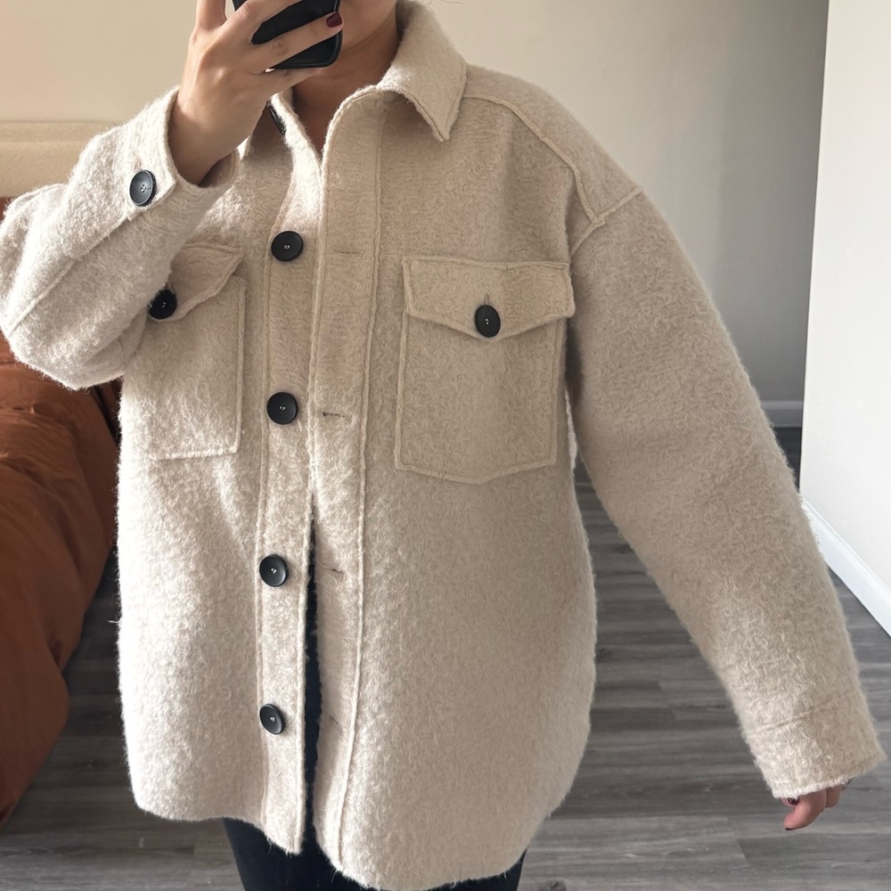 Zara Cream Teddy Jacket with Black Buttons